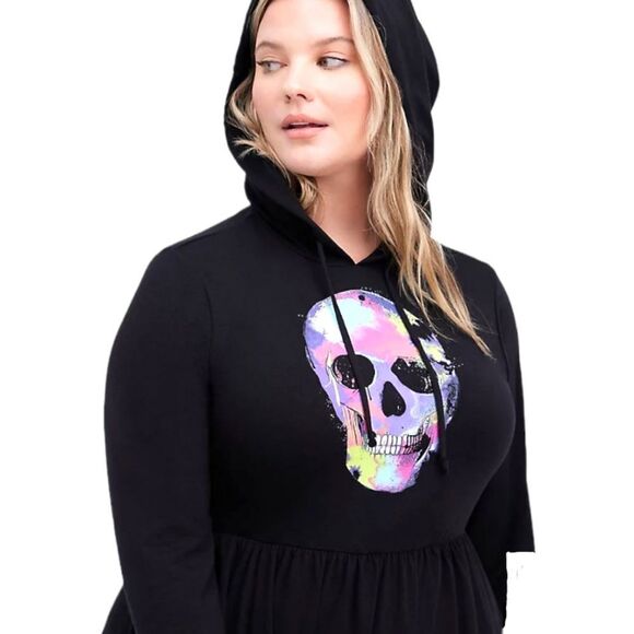 TORRID SUPER SOFT BLACK HOODED SKULL PRINT PLUS SIZE SKATER DRESS SIZE SIZE 2X - Picture 8 of 16